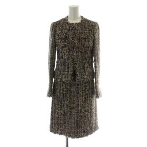 セットアップ ノーカラージャケット タイトスカート ひざ丈 36 ベージュ ネイビー