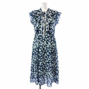 ワンピース フレア ロング ミモレ 半袖 フリル 総柄 花柄 リボン シアー シースルー 1 S 青 ブルー 白 ホワイト