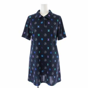LEONARD SPORT ポロシャツ チュニック 半袖 総柄 プリント 38 M 紺 ネイビー マルチカラー