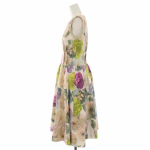 LANVIN en Bleu 2019年製 ワンピース ひざ丈 ノースリーブ 花柄 フローラル フリル 36 S ベージュ 緑 グリーン ピンク