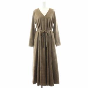 ワンピース フレア ロング Vネック ジップアップ 長袖 ウール リボン チェック 38 M 茶 ブラウン