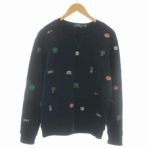 スウェット トレーナー クルーネック Vガゼット 長袖 刺繍 総柄 裏起毛 M 紺 ネイビー