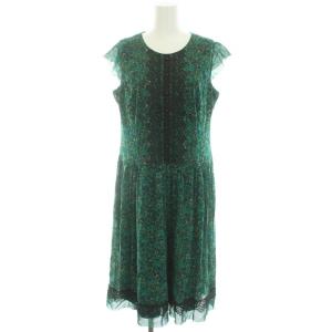 Leilian ワンピース 花柄 フラワープリント レース 刺繍 ギャザー 切替 フレンチスリーブ ミモレ ロング 13 XL 緑 グリーン