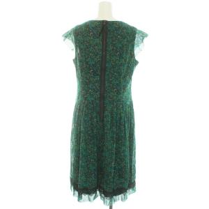 Leilian ワンピース 花柄 フラワープリント レース 刺繍 ギャザー 切替 フレンチスリーブ ミモレ ロング 13 XL 緑 グリーン