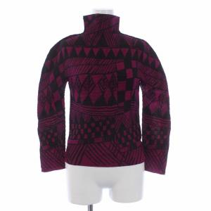 プリーツ カットソー ハイネック 長袖 総柄 紫 黒 パープル ブラック