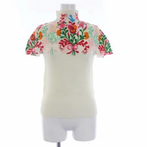 プリーツ カットソー 半袖 ハイネック 花柄 白 ホワイト マルチカラー
