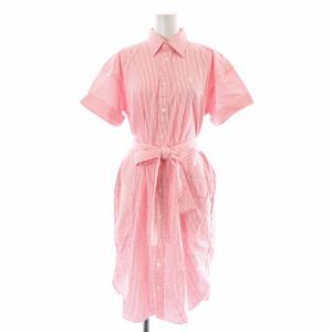 シャツワンピース ひざ丈 半袖 ストライプ ベルトリボン ロゴ刺繍 4 M ピンク 白 ホワイト