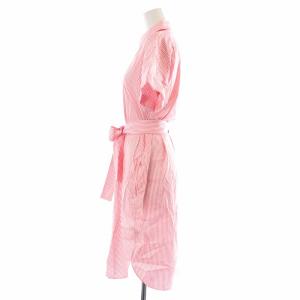 POLO RALPH LAUREN シャツワンピース ひざ丈 半袖 ストライプ ベルトリボン ロゴ刺繍 4 M ピンク 白 ホワイト