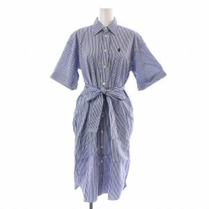 シャツワンピース ひざ丈 半袖 ストライプ リボンベルト ロゴ刺繍 4 M 青 ブルー白 ホワイト