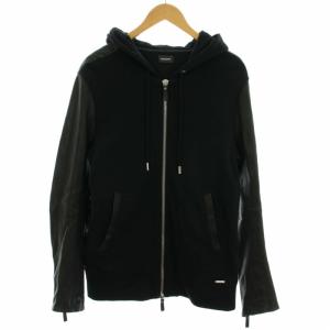 ラムレザースリーブジップパーカー アウター レザー切替 M 黒 ブラック