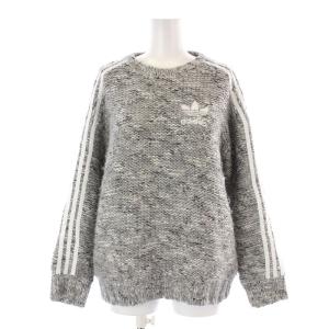 ニット セーター 長袖 クルーネック 3ライン サイドライン ロゴ刺繍 ウール混 S グレー 白 ホワイト