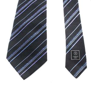 CHANEL ココマーク ワイドタイ ネクタイ レジメンタルストライプ シルク 絹 黒 ブラック 紺 ネイビー