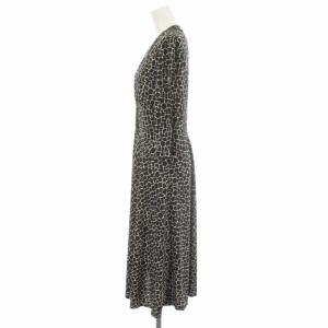Leilian ワンピース 総柄 ピンタック Vネック ミモレ ロング 七分袖 13 XL 黒 ブラック 白 ホワイト