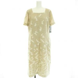 ワンピース 刺繍 総柄 スクエアネック ひざ丈 半袖 タグ付き ミモレ ロング 13 XL ベージュ