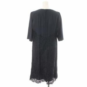 Leilian ワンピース 切替 レース ひざ丈 五分袖 11 L 紺 ネイビー