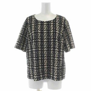 ブラウス シャツ カットソー クルーネック ジップアップ 半袖 ストライプ 柄 17+ L 白 ホワイト 黒 ブラック