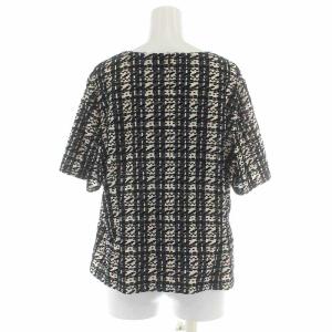 Leilian ブラウス シャツ カットソー クルーネック ジップアップ 半袖 ストライプ 柄 17+ L 白 ホワイト 黒 ブラック