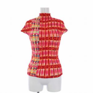 プリーツカットソー ハイネック チェック M レッド