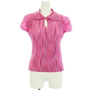 イッセイミヤケ ポロシャツ ブラウス カットソー プリーツ ストライプ カットオフ ストレッチ 半袖 3 L ピンク 水色