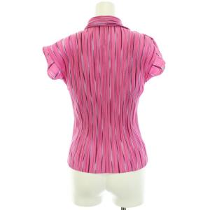 PLEATS PLEASE ISSEY MIYAKE イッセイミヤケ ポロシャツ ブラウス カットソー プリーツ ストライプ カットオフ ストレッチ 半袖 3 L ピンク 水色