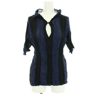 プリーツカットソー ツイスト スキッパー ストライプ 紺 黒