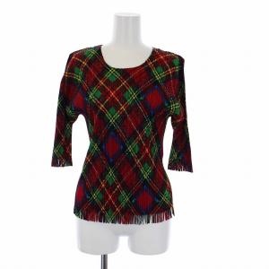 イッセイミヤケ プリーツ カットソー 半袖 チェック フリンジ 4 XL 赤 レッド マルチカラー