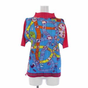 イッセイミヤケ Board game Printed Top プリーツ カットソー ブルー レッド