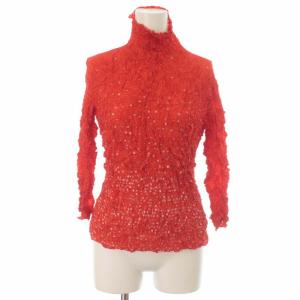 ISSEY MIYAKE カットソー ブラウス シャツ ハイネック プルオーバー ドット シワ加工プリーツ ラメ 長袖 2 M 赤 レッド シルバー