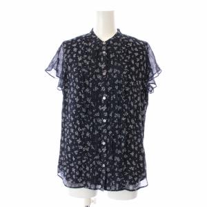 ブラウス シャツ 半袖 ノーカラー バンドカラー フリル シアー シースルー 総柄 花柄 4 M 紺 ネイビー 白 ホワイト