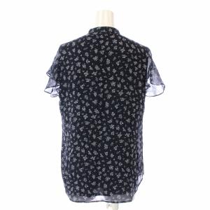 POLO RALPH LAUREN ブラウス シャツ 半袖 ノーカラー バンドカラー フリル シアー シースルー 総柄 花柄 4 M 紺 ネイビー 白 ホワイト
