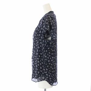 POLO RALPH LAUREN ブラウス シャツ 半袖 ノーカラー バンドカラー フリル シアー シースルー 総柄 花柄 4 M 紺 ネイビー 白 ホワイト