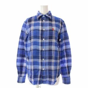 シャツ チェック 長袖 麻 リネン ロゴ刺繍 XXS 青 ブルー 白 ホワイト 紺 ネイビー