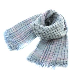 ストール マフラー フリンジ コットン チェック柄 ピンク 水色 ライトブルー