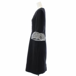 BORDERS at BALCONY ワンピース ひざ丈 Vネック ベルスリーブ ボーダー 七分袖 38 M 黒 ブラック