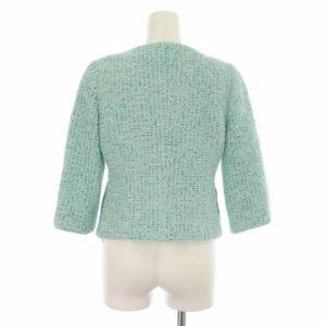 René ノーカラージャケット ツィード ビジュー ジップアップ 七分袖 36 M 黄緑 イエローグリーン ライトグリーン