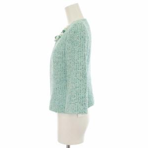 René ノーカラージャケット ツィード ビジュー ジップアップ 七分袖 36 M 黄緑 イエローグリーン ライトグリーン