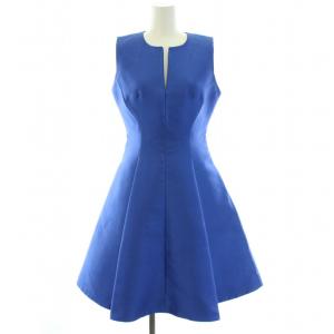 ワンピース ひざ丈 キーネック ノースリーブ 絹混 シルク混 2 M 青 ブルー