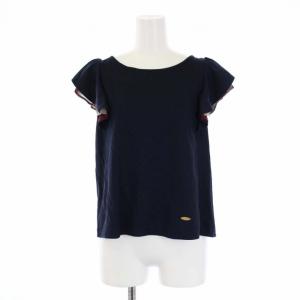 21SS カットソー 半袖 フレンチスリーブ チェック フリル 38 M 紺 ネイビー