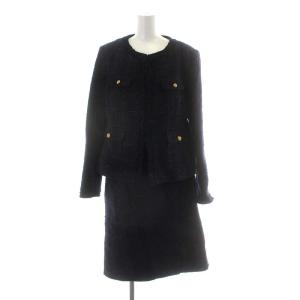 スーツ セットアップ 上下 ノーカラージャケット タイトスカート ひざ丈 ツイード 13 L 紺 ネイビー