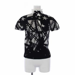 プリーツ カットソー ハイネック 半袖 総柄 黒 ブラック グレー