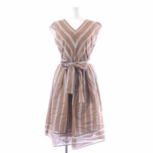 ワンピース ロング ミモレ フレア フレンチスリーブ Vネック ストライプ ベルトリボン 絹 シルク 麻  リネン ペチコート付き