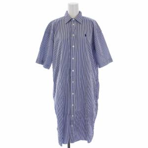 シャツ ワンピース ひざ丈 半袖 ストライプ ロゴ刺繍 8 M 青 ブルー 白 ホワイト