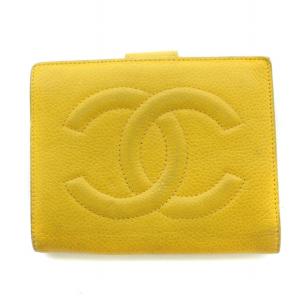 財布 二つ折り 小銭入れ ココマーク キャビアスキン レザー Wホック 黄 イエロー