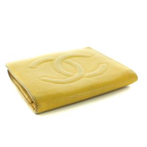 CHANEL 財布 二つ折り 小銭入れ ココマーク キャビアスキン レザー Wホック 黄 イエロー