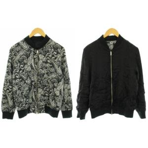 リバーシブル ブルゾン ジャケット ジップアップ ペイズリープリント 総柄 L 黒 ブラック 白 ホワイト