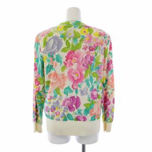 LEONARD FASHION ヴィンテージ 花柄 カーディガン 長袖 クルーネック 肩パッド入 M マルチカラー