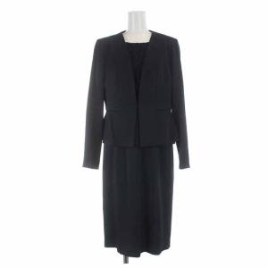 19SS セットアップ 上下 ノーカラージャケット タイトワンピース ひざ丈 レース切替 七分袖 38 M 紺 ネイビー