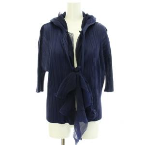 PLEATS PLEASE ISSEY MIYAKE イッセイミヤケ カーディガン プリーツ ストール付き ボウタイ 七分袖 4 ダークネイビー
