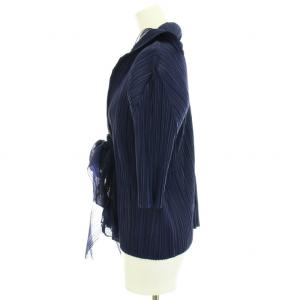 PLEATS PLEASE ISSEY MIYAKE イッセイミヤケ カーディガン プリーツ ストール付き ボウタイ 七分袖 4 ダークネイビー