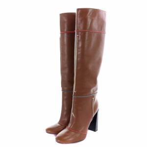 FENDI ロングブーツ レザー ラウンドトゥ ハイヒール 38 25cm 茶 ブラウン